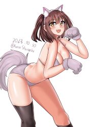 Rule 34 | 1girl, absurdres, animal ears, animal hands, asymmetrical legwear, bikini, black socks, black thighhighs, brown eyes, brown hair, commentary, dated, english commentary, gloves, grey bikini, highres, kantai collection, katou shinobu, leaning forward, one-hour drawing challenge, paw gloves, sendai (kancolle), simple background, single sock, single thighhigh, socks, solo, swimsuit, tail, thighhighs, twitter username, two side up, white background, wolf ears, wolf tail