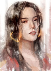 Rule 34 | 1girl, amazon lily, amazon warrior, black eyes, black hair, boa hancock, earrings, female focus, highres, jewelry, long hair, looking at viewer, one piece, open mouth, painterly, portrait, solo