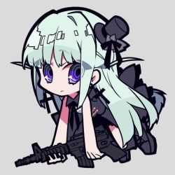 Rule 34 | 1girl, assault rifle, black dress, black footwear, black hat, character request, chibi, closed mouth, commentary request, copyright request, cross, cross earrings, dress, earrings, green hair, grey background, gun, hat, jewelry, long hair, looking at viewer, mochizuki kei, purple eyes, rifle, ringed eyes, shoes, simple background, solo, top hat, weapon
