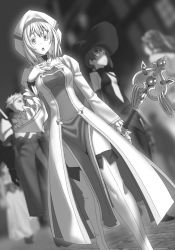 Rule 34 | armor, blurry, blurry background, boots, breasts, character request, dress, from below, gloves, goblin slayer!, greyscale, highres, holding, holding staff, kannatsuki noboru, monochrome, novel illustration, official art, open mouth, pantyhose, pauldrons, priestess (goblin slayer!), shoulder armor, sleeveless, sleeveless dress, small breasts, solo focus, staff, thigh boots, thighhighs