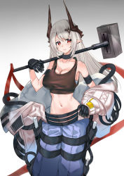 Rule 34 | 1girl, arknights, armband, black collar, black gloves, blue pants, breasts, cleavage, collar, collarbone, commentary request, cowboy shot, crop top, gloves, gradient background, grey background, hammer, highres, holding, holding hammer, holding weapon, horns, large breasts, long hair, long sleeves, looking at viewer, midriff, mudrock (arknights), mudrock (elite ii) (arknights), navel, over shoulder, pants, parted lips, pointy ears, red eyes, sarashi, sidelocks, silver hair, solo, sports bra, srpzk, standing, stomach, weapon, weapon over shoulder, white background