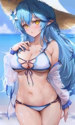 Rule 34 | 1girl, ahoge, bikini, blue hair, blue nails, blue sky, blurry, blurry background, blush, breasts, cloud, colored tips, cowboy shot, day, depth of field, flower, front-tie bikini top, front-tie top, hair between eyes, hair flower, hair ornament, half updo, hand on own chest, haoni, hat, heart, heart ahoge, highres, hololive, horizon, large breasts, long hair, looking at viewer, multicolored hair, nail polish, navel, o-ring, o-ring bikini, ocean, parted lips, pointy ears, side-tie bikini bottom, sidelocks, sky, solo, standing, straw hat, streaked hair, swimsuit, thighs, virtual youtuber, wet, white bikini, yellow eyes, yukihana lamy