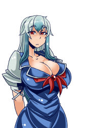 Rule 34 | 1girl, arms behind back, blue hair, breasts, cleavage, collarbone, cowboy shot, curvy, expressionless, heiseikorotaisei, huge breasts, kamishirasawa keine, long hair, looking at viewer, puffy short sleeves, puffy sleeves, red eyes, ribbon, short sleeves, simple background, standing, touhou, white background, wide hips