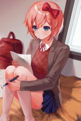 Rule 34 | absurdres, backpack, bag, bed sheet, blazer, blue eyes, blue skirt, bow, bowtie, breasts, brown jacket, brown sweater vest, closed mouth, collared shirt, commentary, doki doki literature club, dress shirt, feet out of frame, hair between eyes, hair bow, highres, holding, holding paper, holding pencil, jacket, kneehighs, knees up, light blush, looking at object, mechanical pencil, mutchang043, neck ribbon, no shoes, on bed, open clothes, open jacket, paper, pencil, pink hair, pleated skirt, pursed lips, red bag, red bow, red bowtie, red ribbon, ribbon, sayori (doki doki literature club), school uniform, shirt, short hair, sitting, skirt, small breasts, socks, sweater vest, white shirt, white socks, window, writing