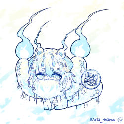 Rule 34 | arianeanco, blue fur, extra horns, fire, fluff, fluffy, furry, furry female, highres, horns, monster, original, tail