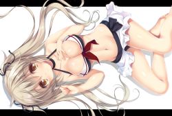 Rule 34 | 10s, 1girl, barefoot, bikini, blonde hair, breasts, brown eyes, choker, cleavage, hair ribbon, highres, kantai collection, letterboxed, long hair, looking at viewer, medium breasts, mikagami mamizu, murasame (kancolle), navel, revision, ribbon, skirt, smile, solo, swimsuit, thighs, twintails