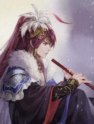 Rule 34 | 1boy, cape, closed mouth, feather hair ornament, feathers, fingernails, fur trim, feather hair ornament, hair tubes, headpiece, highres, holding, jewelry, kangetsu (fhalei), long sleeves, male focus, nail polish, necklace, pink nails, ponytail, red eyes, red hair, sha wu sheng, sitting, solo, thunderbolt fantasy