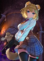 Rule 34 | 1girl, absurdres, animal ears, black thighhighs, blonde hair, blue eyes, breasts, brown skirt, bubba (watson amelia), closed mouth, collared shirt, commentary, cowboy shot, deerstalker, dog, english commentary, fake animal ears, gun, handgun, hat, high-waist skirt, highres, holding, holding weapon, hololive, hololive english, inari (ambercrown), indoors, long sleeves, looking at viewer, magnifying glass, mauser c96, mixed-language commentary, necktie, pistol, plaid, plaid skirt, pocket watch, red eyes, shirt, short hair, skirt, standing, stone wall, tail, thighhighs, torch, virtual youtuber, wall, watch, watson amelia, weapon, white shirt