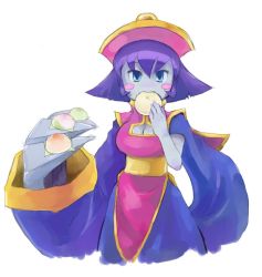 Rule 34 | 1girl, blue eyes, blue skin, blush, blush stickers, breasts, capcom, chinese clothes, claws, cleavage, cleavage cutout, clothing cutout, colored skin, eating, flipped hair, food, hat, large breasts, lei lei, purple hair, rotan, short hair, solo, turtleneck, vampire (game)