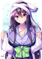 Rule 34 | 1girl, bandaged neck, bandages, black hair, blush, bow, breasts, cleavage, closed mouth, green bow, green neckwear, highres, ice cream mad labo, jacket, large breasts, long hair, looking at viewer, mokufuu, open clothes, purple eyes, seika michi, signature, smile, solo, stitches, torn clothes, upper body, virtual youtuber, white bow, white jacket