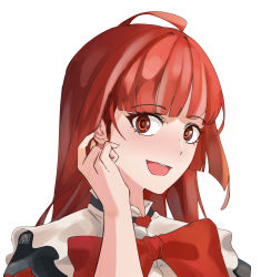 Rule 34 | 1girl, adjusting hair, ahoge, ameiarts, artist name, blunt bangs, blush, bow, commentary, heart, highres, hololive, hololive indonesia, kureiji ollie, large bow, long hair, looking at viewer, olivia (kureiji ollie), open mouth, red eyes, red hair, red neckwear, simple background, solo, virtual youtuber, white background