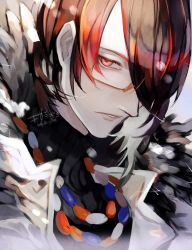 Rule 34 | 1boy, arknights, bead necklace, beads, black hair, coat, feather trim, fur collar, glasses, gnosis (arknights), hair over one eye, highres, jewelry, kizami (hetaisi), male focus, multicolored hair, necklace, open collar, pale skin, solo focus, sweater, turtleneck, turtleneck sweater, white coat, yellow-framed eyewear, yellow eyes