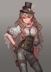 Rule 34 | 1girl, absurdres, alphonse (white datura), character request, female focus, hat, highres, long hair, looking at viewer, nose, simple background, solo, standing, steampunk, tagme