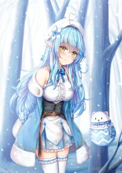 Rule 34 | 1girl, ahoge, animal, bare shoulders, bear, beret, blouse, blue bow, blue coat, blue flower, blue hair, blue scarf, blue skirt, blush, bow, breasts, brown eyes, center frills, cleavage, cleavage cutout, closed mouth, clothing cutout, coat, commentary request, daifuku (yukihana lamy), flower, frilled skirt, frilled thighhighs, frills, fur-trimmed coat, fur-trimmed sleeves, fur trim, hair between eyes, hair flower, hair ornament, half updo, hat, heart, heart ahoge, highres, hololive, long hair, long sleeves, looking at viewer, medium breasts, minaha (playjoe2005), off shoulder, open clothes, open coat, outdoors, pleated skirt, pointy ears, polar bear, ponytail, print skirt, ribbon-trimmed legwear, ribbon trim, scarf, shirt, skirt, sleeveless, sleeveless shirt, sleeves past fingers, sleeves past wrists, smile, snow, snowflake print, snowing, thighhighs, tree, very long hair, virtual youtuber, white flower, white hat, white shirt, white thighhighs, yukihana lamy
