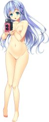 Rule 34 | 1girl, amano futaba, barefoot, blue eyes, blue hair, breasts, completely nude, full body, hair ornament, holding, light blue hair, long hair, medium breasts, navel, nipples, nude, official art, open mouth, sis camp, solo, transparent background, x hair ornament