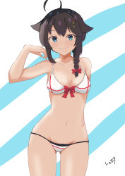 Rule 34 | 1girl, absurdres, adapted costume, ahoge, artist name, bikini, black hair, blue eyes, braid, cowboy shot, groin, hair flaps, hair ornament, hair over shoulder, highres, kantai collection, looking at viewer, lowleg, lowleg bikini, mismatched bikini, moto shiitake, shigure (kancolle), shigure kai ni (kancolle), single braid, solo, standing, swimsuit