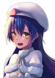 Rule 34 | 1girl, blue hair, blush, commentary request, fur trim, hair between eyes, hat, long hair, looking at viewer, love live!, love live! school idol project, open mouth, simple background, snow halation, solo, sonoda umi, sunga2usagi, white background, yellow eyes