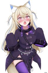 Rule 34 | 1girl, absurdres, animal ear fluff, animal ears, black coat, black dress, blonde hair, blue eyes, blush, breasts, chain, coat, coat dress, collarbone, commentary, cosplay, cowboy shot, crossed bangs, dog ears, dog girl, dog tail, dress, english commentary, fangs, fuwawa abyssgard, highres, hololive, hololive english, la+ darknesss, la+ darknesss (1st costume), la+ darknesss (cosplay), large breasts, long hair, long sleeves, looking at viewer, miixxc, multicolored hair, multiple girls, neckerchief, open mouth, parted bangs, pink eyes, purple thighhighs, simple background, sleeves past fingers, sleeves past wrists, solo, solo focus, streaked hair, tail, thighhighs, tongue, two-tone hair, two side up, virtual youtuber, white background, yellow neckerchief