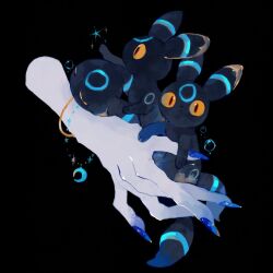 Rule 34 | alternate color, animal, animal focus, arm up, black background, blue nails, blue theme, bracelet, bubble, closed eyes, colored sclera, commentary, creatures (company), crescent, disembodied limb, expressionless, full body, game freak, gen 2 pokemon, hashtag-only commentary, highres, holding, holding animal, holding pokemon, jewelry, li04r, nintendo, o o, pokemon, pokemon (creature), red eyes, shiny pokemon, simple background, sitting, sleeping, sparkle, umbreon, yellow sclera