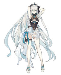 Rule 34 | 1girl, blue bow, blue eyes, blush, bow, breasts, closed mouth, crown, fate/grand order, fate (series), flower, grey hair, large breasts, long hair, looking at viewer, morgan le fay (fate), solo, standing, starshadowmagician, swimsuit, very long hair, white bow, white flower, white footwear