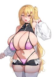 Rule 34 | 1girl, bangs, bare shoulders, bikini, black shorts, blonde hair, blush, breasts, choker, cleavage, covered erect nipples, earrings, hair ornament, highleg, highleg bikini, highres, huge breasts, jewelry, kirome (kamipaper), long hair, long sleeves, looking at viewer, navel, navel piercing, off shoulder, one side up, open clothes, open fly, open mouth, open shirt, original, piercing, pink bikini, puffy long sleeves, puffy sleeves, purple eyes, saaya (kirome), shirt, short shorts, shorts, simple background, solo, swimsuit, thighhighs, thighs, twintails, virtual youtuber, white background, white shirt, white thighhighs