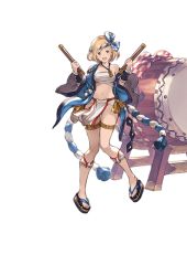 Rule 34 | 10s, 1girl, blonde hair, breasts, brown eyes, cleavage, collarbone, djeeta (granblue fantasy), drum, drum master (granblue fantasy), drumsticks, full body, fundoshi, granblue fantasy, hachimaki, headband, holding, instrument, japanese clothes, looking at viewer, medium breasts, midriff, minaba hideo, navel, nejiri hachimaki, official art, open mouth, pelvic curtain, sandals, sarashi, short hair, smile, solo, taiko drum, thigh strap, transparent background, wide sleeves