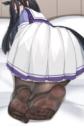 Rule 34 | 1girl, animal ears, ass, black hair, black pantyhose, commentary request, earrings, feet, from behind, highres, horse ears, horse girl, horse tail, jewelry, long hair, looking at viewer, looking back, manhattan cafe (umamusume), on bed, pantyhose, pleated skirt, purple shirt, reiku09, school uniform, shirt, short sleeves, single earring, skirt, soles, solo, summer uniform, tail, toes, tracen school uniform, umamusume, very long hair, white skirt