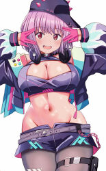 Rule 34 | 1girl, :d, absurdres, bare shoulders, belt, blush, breasts, chain, cleavage, cleavage cutout, clothing cutout, cowboy shot, crop top, cropped jacket, curvy, gloves, gridman universe, gridman universe (film), groin, hair between eyes, half gloves, hat, headphones, headphones around neck, highres, jacket, large breasts, long sleeves, looking at viewer, midriff, navel, nootomo, off shoulder, official alternate costume, open clothes, open jacket, open mouth, pantyhose, pink gloves, pouch, purple belt, purple hair, purple hat, purple jacket, purple shirt, purple shorts, red eyes, salute, shinjou akane, shirt, short hair, short shorts, shorts, sidelocks, simple background, skindentation, sleeveless, sleeveless shirt, smile, solo, ssss.gridman, standing, stomach, thigh pouch, thighs, white background