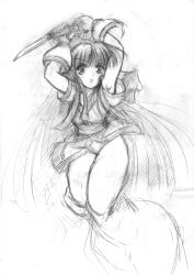 Rule 34 | 1girl, ainu clothes, armpits, arms behind head, arms up, breasts, c.r., curvy, fingerless gloves, gloves, hair ribbon, highres, incoming attack, legs, long hair, looking at viewer, medium breasts, monochrome, nakoruru, pants, ribbon, samurai spirits, sketch, snk, the king of fighters, thighs, traditional media, very long hair, weapon