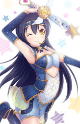 Rule 34 | 10s, 1girl, ;), armpits, blue hair, blush, brown eyes, detached sleeves, euforia, headset, long hair, looking at viewer, love live!, love live! school idol festival, love live! school idol project, magical girl, one eye closed, open mouth, smile, solo, sonoda umi, sparkle, star (symbol), wand
