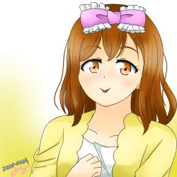 Rule 34 | 1girl, :p, alice37125, artist name, artist request, blouse, blush, bow, breasts, brown eyes, brown hair, collarbone, dress, dress shirt, female focus, frilled bow, frills, hair between eyes, hair bow, highres, kunikida hanamaru, light brown hair, long hair, long sleeves, looking at viewer, love live!, love live! sunshine!!, parted lips, pink bow, shirt, small breasts, smile, solo, sweater, tongue, tongue out, upper body, white background, white shirt, yellow background, yellow eyes, yellow sweater
