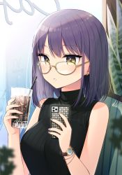 Rule 34 | 1girl, black sweater, cellphone, cup, drinking glass, earrings, fingernails, glasses, holding, holding cup, holding phone, jewelry, konogi nogi, looking at viewer, medium hair, nail polish, on chair, original, parted lips, phone, pink nails, purple hair, sitting, sleeveless, sleeveless sweater, smartphone, smartphone case, solo, sweater, upper body, watch, wristwatch, yellow-framed eyewear, yellow eyes