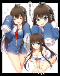 Rule 34 | 1girl, :d, ^ ^, all fours, azur lane, bare shoulders, blue dress, blue eyes, blush, breasts, brown hair, cleavage, closed eyes, collarbone, collared shirt, commentary request, dress, fang, flying sweatdrops, hair between eyes, headphones, headphones around neck, long hair, long island (azur lane), long island (long island - indoor slacker) (azur lane), long sleeves, medium breasts, multiple views, necktie, no pants, off-shoulder shirt, off shoulder, open mouth, red neckwear, shirt, short dress, sleeves past wrists, smile, translation request, v-shaped eyebrows, very long hair, white background, white shirt, yadapot