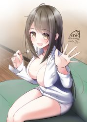Rule 34 | 1girl, :d, bare legs, blush, breasts, brown eyes, brown hair, chair, cleavage, collared shirt, commentary request, dated, highres, holding, indoors, large breasts, legs together, long hair, long sleeves, mimikaki, nekobaka, open mouth, original, shirt, short shorts, shorts, sidelocks, signature, sitting, smile, solo, swept bangs, thighs, white shirt, wooden floor