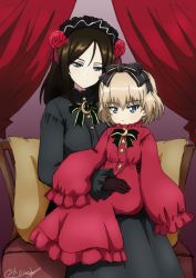 Rule 34 | 2girls, artist name, black bow, black dress, black gloves, black hair, black hairband, black ribbon, blonde hair, blue eyes, bow, bukkuri, chair, closed mouth, commentary request, crescent, curtains, dated, dress, flower, girls und panzer, gloves, gothic lolita, hair flower, hair ornament, hair ribbon, hairband, half-closed eyes, high collar, highres, katyusha (girls und panzer), lolita fashion, lolita hairband, long dress, long hair, looking at viewer, multiple girls, nonna (girls und panzer), partial commentary, pillow, red dress, red flower, red rose, ribbon, rose, short hair, signature, sitting, sitting on lap, sitting on person, sleeves past fingers, sleeves past wrists, smile, star (symbol), swept bangs