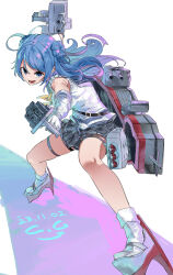 Rule 34 | 1girl, ascot, blue hair, dated, double bun, elbow gloves, full body, gegeron, gloves, hair bun, highres, kantai collection, looking at viewer, miniskirt, pleated skirt, skirt, sleeves rolled up, socks, solo, thigh strap, urakaze (kancolle), white gloves, white socks, yellow ascot