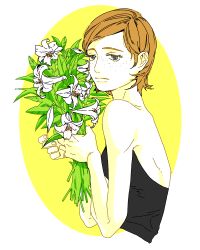 Rule 34 | 1girl, bare shoulders, black dress, blue eyes, bouquet, brown hair, celandine, character request, colored eyelashes, dress, expressionless, eyelashes, flower, freckles, half-closed eyes, ping pong (manga), short hair, simple background, solo, upper body, yellow background