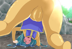 Rule 34 | 1girl, aqua hair, blush, bodysuit, breasts, cameltoe, chunsoft, dragon quest, dragon quest iii, enix, female focus, long hair, nature, nipples, open mouth, outdoors, plant, priest (dq3), red eyes, shiny clothes, skin tight, solo, tree, wall, yanagi dou