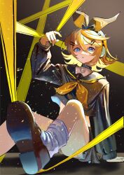 Rule 34 | 1girl, absurdres, blonde hair, blue eyes, bow, caution tape, choker, chromatic aberration, crop top, flipped hair, hair bow, hair ornament, hairclip, hand up, headphones, highres, kagamine rin, long sleeves, looking at viewer, midriff, neckerchief, nemari (user wtca7244), o-ring, o-ring choker, perspective, rettou joutou (vocaloid), sailor collar, shoe soles, short hair, sitting, skirt, socks, solo, v-shaped eyebrows, vocaloid