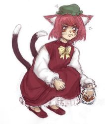 Rule 34 | 1girl, 3:, alternate hair color, anger vein, animal ear fluff, animal ears, artist name, blush, bob cut, bow, bowtie, brown tail, cat ears, chen, clenched hand, closed mouth, collared dress, cookie, cookie jar, dress, flats, food, frilled dress, frilled skirt, frilled sleeves, frills, full body, green hat, hat, leaning forward, long dress, long sleeves, looking to the side, mandarin collar, medium hair, mob cap, multiple tails, orange eyes, pink hair, red dress, red footwear, ribbon, shirt, shoes, simple background, sketch, skirt, skullchimes, solo, squatting, tail, tail raised, tears, touhou, twitter username, two tails, v-shaped eyebrows, white background, white shirt, white sleeves, yellow bow, yellow bowtie, yellow ribbon