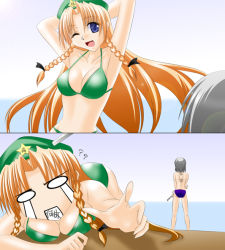 Rule 34 | 2girls, armpits, arms up, beach, bikini, blue eyes, breasts, comic, day, engo (aquawatery), female focus, hat, hong meiling, izayoi sakuya, knife, medium breasts, multiple girls, outdoors, red hair, ribbon, silent comic, silver hair, swimsuit, embodiment of scarlet devil, throwing knife, touhou, weapon