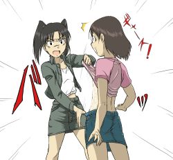 Rule 34 | 2girls, amasawa yuuko, assisted exposure, bare arms, bare legs, black hair, blue skirt, breasts, brown hair, clothes lift, commentary request, denim, denim skirt, dennou coil, emphasis lines, female focus, glasses, grey skirt, legs, long sleeves, looking at another, multiple girls, open mouth, parted bangs, pencil skirt, shirt lift, short hair, short sleeves, skirt, standing, takaya n, twintails, yuri