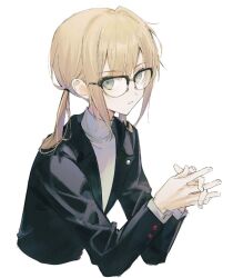 Rule 34 | 1boy, alternate costume, bespectacled, black-framed eyewear, black jacket, blonde hair, captain nemo (fate), fate/grand order, fate (series), glasses, green eyes, interlocked fingers, jacket, long hair, long sleeves, looking at viewer, male focus, nemo (fate), own hands together, parted lips, persona, persona 5, ponytail, school uniform, sherry 0014, shirt, shuujin academy school uniform, simple background, solo, turtleneck, upper body, white background, white shirt