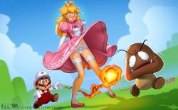 Rule 34 | 1boy, 1girl, 1other, absurdres, blonde hair, blue eyes, blush, brooch, chasing, commentary, crown, dress, dress flip, earrings, elbow gloves, embarrassed, english commentary, facial hair, fire mario, fireball, flats, fleeing, flying sweatdrops, garter belt, garter straps, gloves, goomba, height difference, highres, jewelry, lace, lace-trimmed legwear, lace panties, lace trim, lingerie, long dress, long hair, mario, mario (series), mleth, mustache, nintendo, nose blush, official alternate costume, overalls, panties, pantyshot, pigeon-toed, pink dress, princess peach, puffy short sleeves, puffy sleeves, red footwear, red overalls, see-through, see-through legwear, short sleeves, solo focus, sphere earrings, thighhighs, underwear, white garter belt, white garter straps, white gloves, white panties, white thighhighs