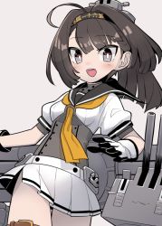 Rule 34 | 1girl, ahoge, akizuki (kancolle), black hair, blush, breasts, chou-10cm-hou-chan, clothes writing, gloves, grey background, grey eyes, hachimaki, headband, headgear, kantai collection, long hair, monaka ooji, open mouth, pleated skirt, ponytail, rigging, sailor collar, short sleeves, simple background, skirt, small breasts, solo, white skirt, yellow neckwear