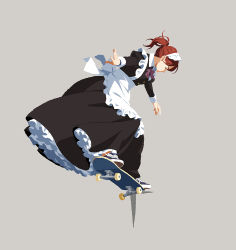 Rule 34 | 1girl, apron, black dress, blue footwear, brown hair, commentary request, dress, closed eyes, flat color, frilled dress, frills, maid, maid apron, maid headdress, minimalism, original, outstretched arm, shadow, shoes, short hair, skateboard, sneakers, solo, suzushiro (suzushiro333)