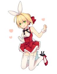 Rule 34 | 10s, 1girl, animal ears, blonde hair, blush, breasts, cleavage, dress, fate/extra, fate (series), full body, garter straps, green eyes, hair intakes, hair ribbon, high heels, jumping, medium breasts, munuko, nero claudius (fate), nero claudius (fate) (all), nero claudius (fate/extra), open mouth, pumps, rabbit ears, rabbit tail, red dress, ribbon, simple background, smile, solo, tail, thighhighs, underbust, white background, white thighhighs, wrist cuffs
