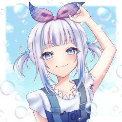 Rule 34 | 1girl, absurdres, arm up, blue eyes, blue hair, blush, bow, bubble, gawr gura, gawr gura (casual), hair bobbles, hair bow, hair ornament, hand on headwear, highres, hololive, hololive english, looking at viewer, low twintails, multicolored hair, official alternate costume, overalls, short hair, short sleeves, smile, solo, streaked hair, tsumurimai, twintails, upper body, virtual youtuber, white hair