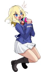 Rule 34 | 1girl, ^^^, absurdres, baskin-robbins, bc freedom military uniform, black footwear, blonde hair, blue eyes, blue jacket, blue vest, blush, boots, commentary, dress shirt, floating, food, frown, girls und panzer, high collar, highres, holding, holding food, ice cream cone, jacket, knee boots, legs up, long sleeves, medium hair, messy hair, military uniform, miniskirt, open mouth, oshida (girls und panzer), pleated skirt, shibainutank, shirt, simple background, skirt, solo, spill, sweatdrop, uniform, vest, white background, white shirt, white skirt
