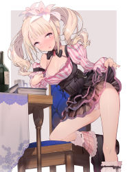 Rule 34 | 1girl, ass, bare shoulders, black dress, blonde hair, blush, book, bra, breasts, casual, chair, character request, clothes lift, clothes pull, collarbone, commentary request, corset, dragon quest, dragon quest x, dress, dress lift, dress pull, feet on chair, frilled dress, frills, halterneck, highres, kaede (sayappa), leaning forward, lips, long hair, long sleeves, looking at viewer, open mouth, outside border, panties, pink panties, plaid, plaid panties, puffy long sleeves, puffy sleeves, see-through, short dress, simple background, small breasts, solo, striped clothes, striped dress, table, thighs, underwear, vertical-striped clothes, vertical-striped dress, wavy hair, yellow eyes